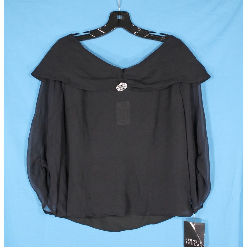 NWT SPENSER JEREMY Black SHEER SILK Rhinestone Brooch DRAPED COLLAR Blouse/Top L